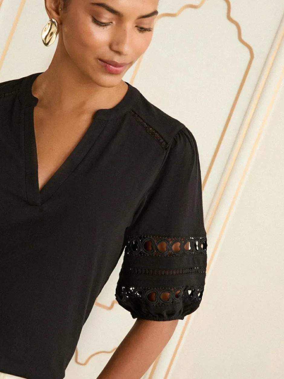 Love & Roses V-Neck Jersey T-Shirt Black Heart Lace Insert Clearance