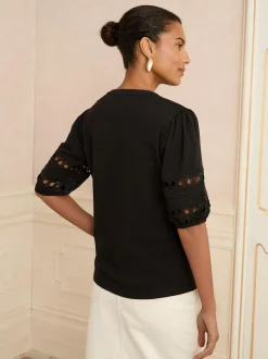 Love & Roses V-Neck Jersey T-Shirt Black Heart Lace Insert Clearance