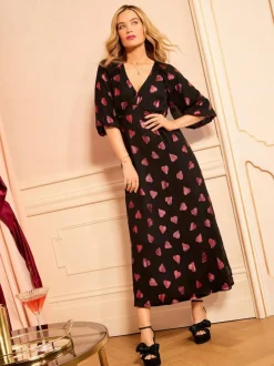 Love & Roses Black Heart Metallic V-Neck Puff Sleeve Midi Dress Clearance