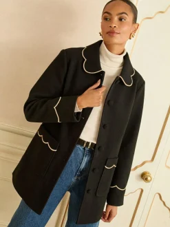 Love & Roses Mid Length Scallop Trim Dolly Coat Black Hot