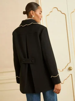 Love & Roses Mid Length Scallop Trim Dolly Coat Black Hot