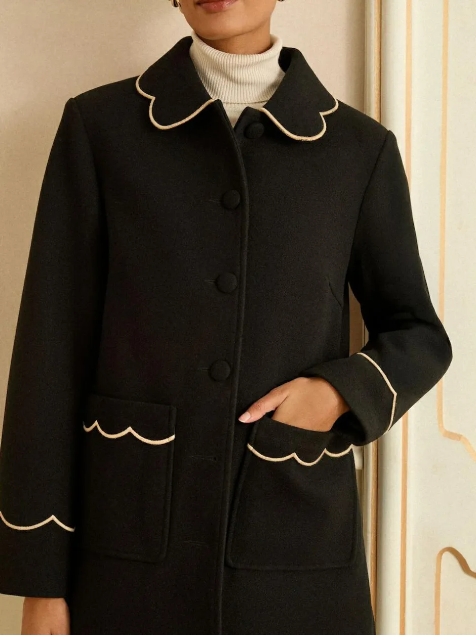 Love & Roses Mid Length Scallop Trim Dolly Coat Black Hot