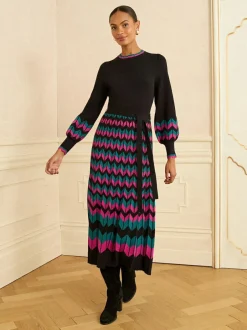 Love & Roses Black Multi Chevron Scallop Knitted Midi Dress Outlet