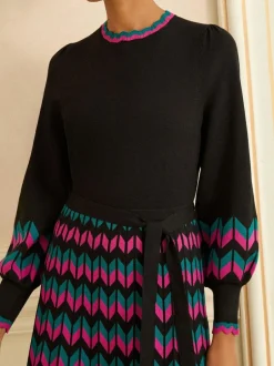 Love & Roses Black Multi Chevron Scallop Knitted Midi Dress Outlet