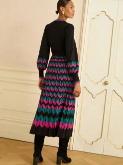 Love & Roses Black Multi Chevron Petite Scallop Knitted Midi Dress Hot