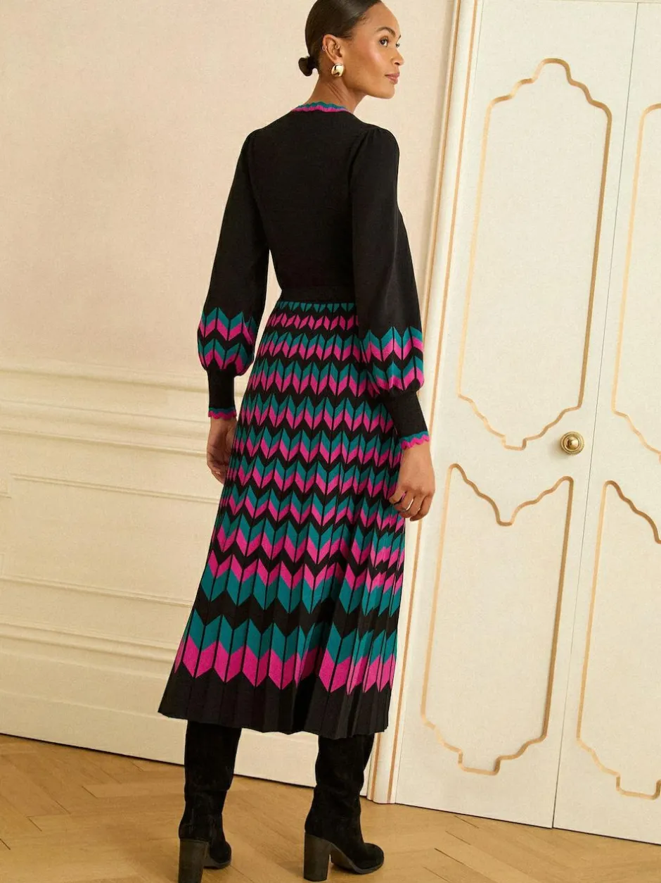 Love & Roses Black Multi Chevron Petite Scallop Knitted Midi Dress Hot