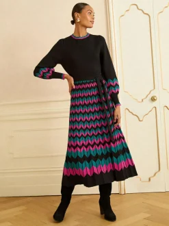 Love & Roses Black Multi Chevron Petite Scallop Knitted Midi Dress Hot