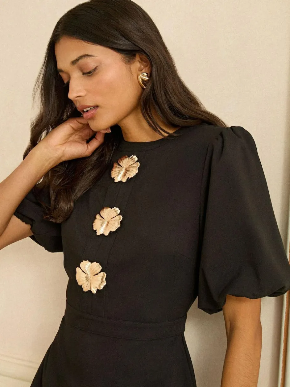 Love & Roses Black Puff Sleeve Gold Button Mini Dress Discount