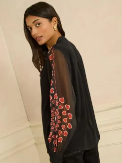 Love & Roses Black Red Heart Long Sleeve Pussybow Blouse Sale