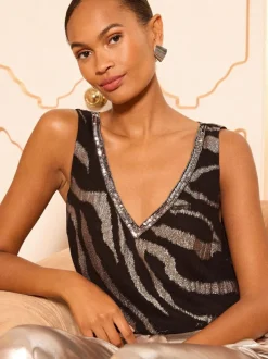 Love & Roses Black Silver Zebra V-Neck Vest New