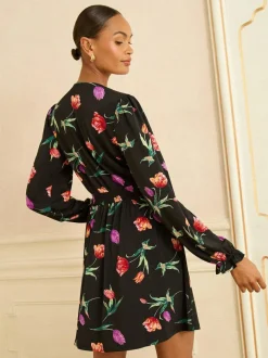 Love & Roses V-Neck Mini Dress Black Tulip Print