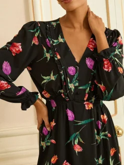 Love & Roses V-Neck Mini Dress Black Tulip Print
