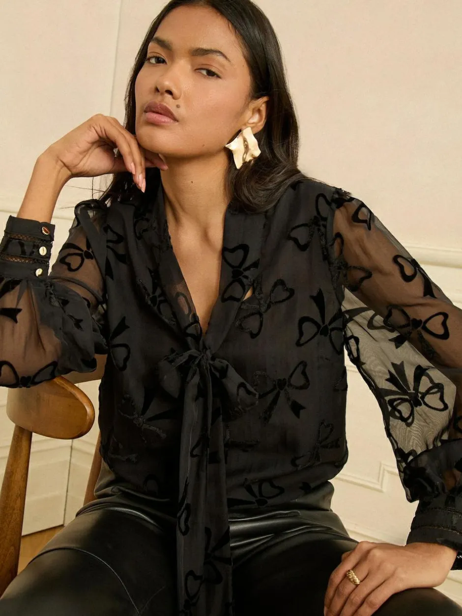 Love & Roses Black Velvet Bow Long Sleeve Pussybow Blouse Outlet