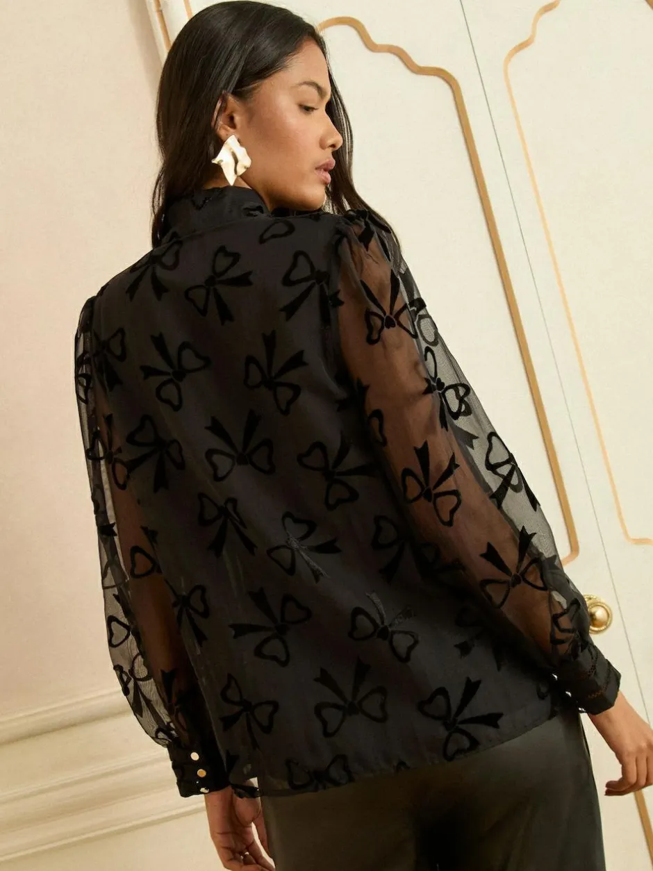 Love & Roses Black Velvet Bow Long Sleeve Pussybow Blouse Outlet