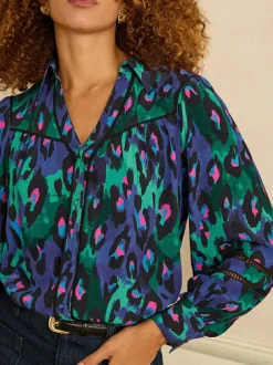 Love & Roses Button Through Long Sleeve Shirt Blue Animal Outlet
