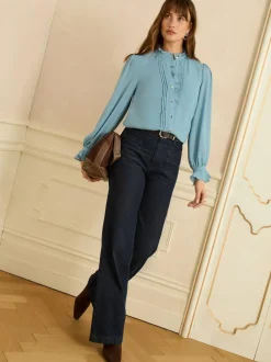 Love & Roses Long Sleeve Frill Detail Blouse Blue Discount