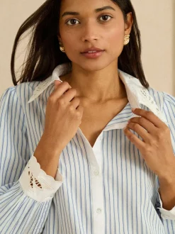 Love & Roses Blue White Stripe Lace Collar Button Through Long Sleeve Shirt Online