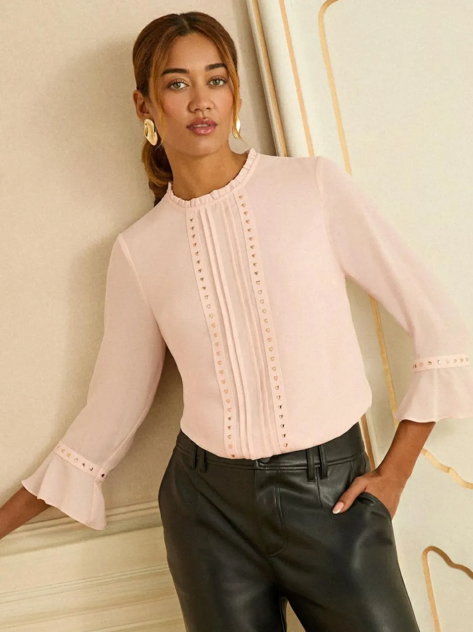Love & Roses Hardware Detail Flute Sleeve Blouse Blush Pink Heart Clearance