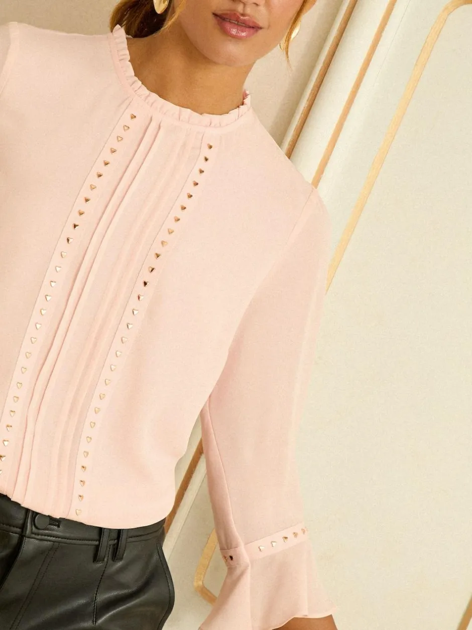 Love & Roses Hardware Detail Flute Sleeve Blouse Blush Pink Heart Clearance