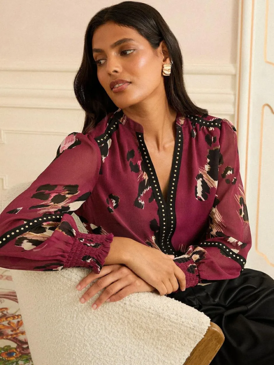 Love & Roses Print Notch Neck Hardware Blouse Burgundy Animal Online