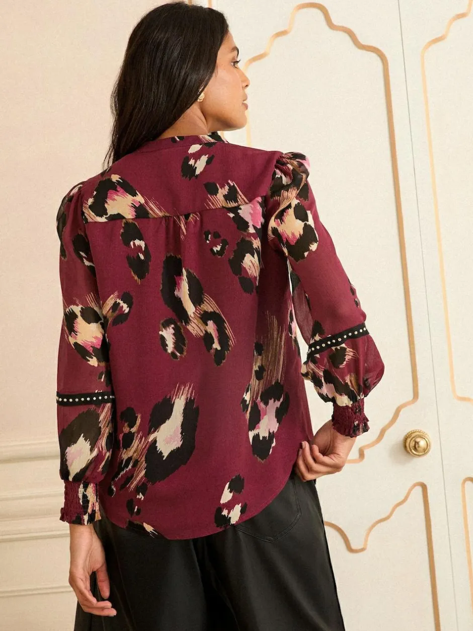 Love & Roses Print Notch Neck Hardware Blouse Burgundy Animal Online