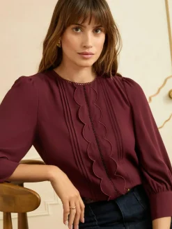 Love & Roses 3/4 Sleeve Scallop Detail Blouse Burgundy Red New