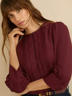 Love & Roses 3/4 Sleeve Scallop Detail Blouse Burgundy Red New