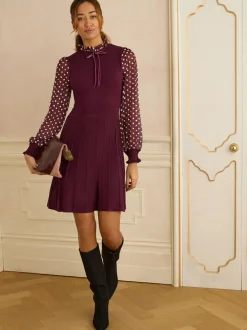 Love & Roses Frill Neck Chiffon Sleeve Knitted Mini Dress Burgundy Red
