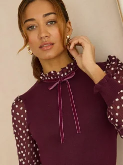 Love & Roses Frill Neck Chiffon Sleeve Knitted Mini Dress Burgundy Red