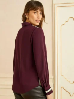 Love & Roses Button Through Long Sleeve Shirt Burgundy Red Metallic Best