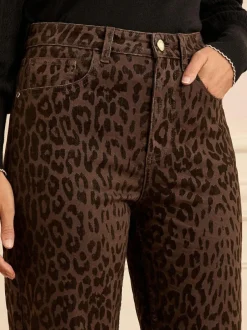 Love & Roses Chocolate Brown Leopard Print Flocked Crop Wide Leg Jeans Best