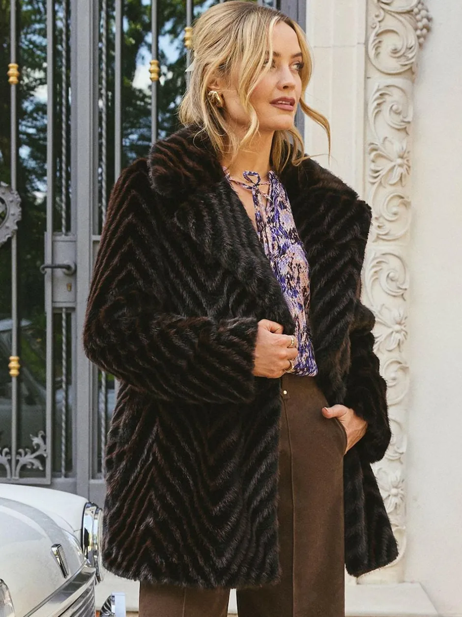Love & Roses Chocolate Brown Chevron Faux Fur Coat Best