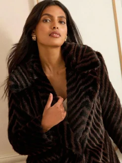 Love & Roses Chocolate Brown Chevron Faux Fur Coat Best