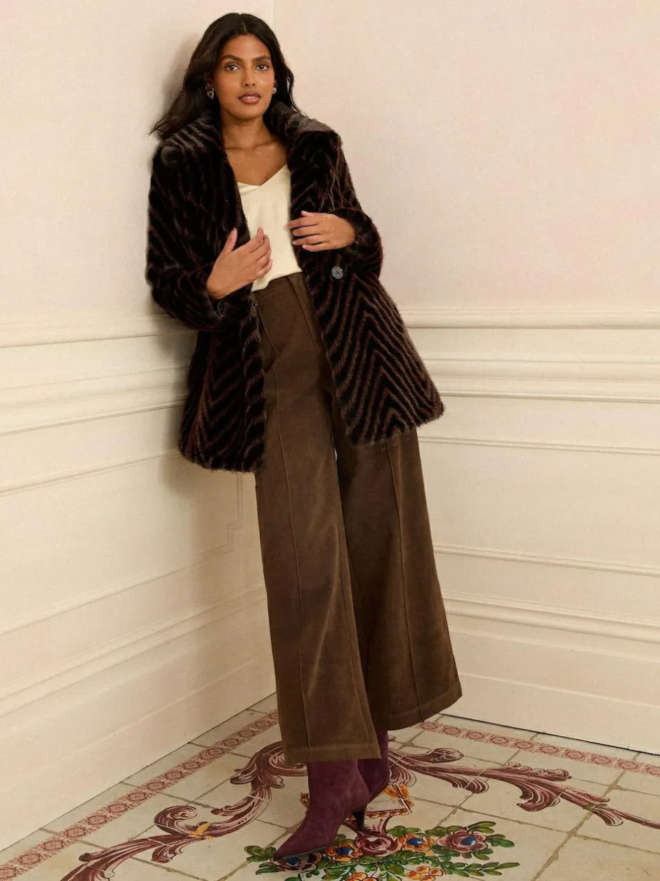 Love & Roses Chocolate Brown Chevron Faux Fur Coat Best