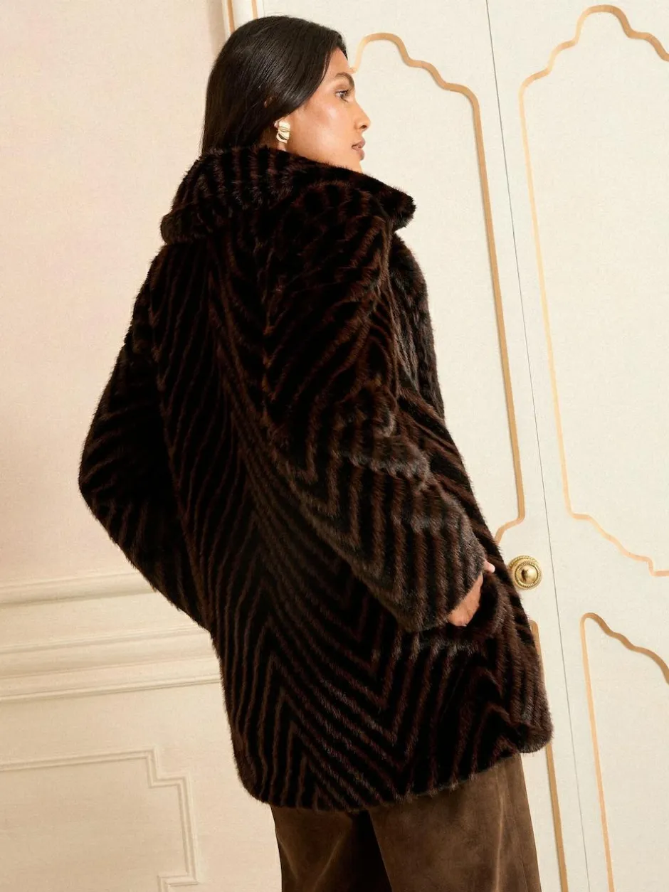 Love & Roses Chocolate Brown Chevron Faux Fur Coat Best
