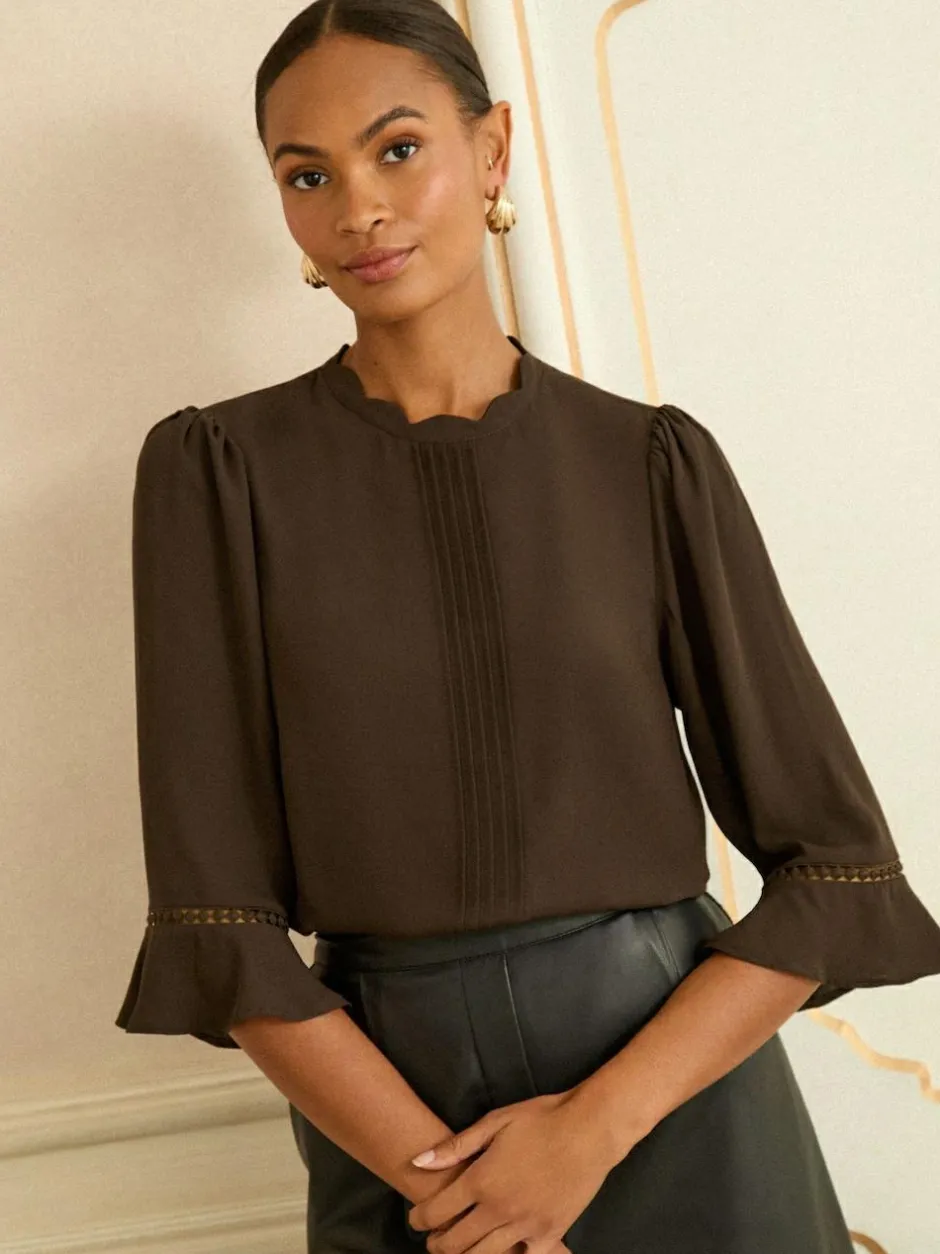 Love & Roses Chocolate Brown 3/4 Flute Sleeve Blouse Online