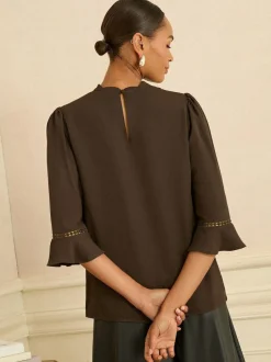 Love & Roses Chocolate Brown 3/4 Flute Sleeve Blouse Online