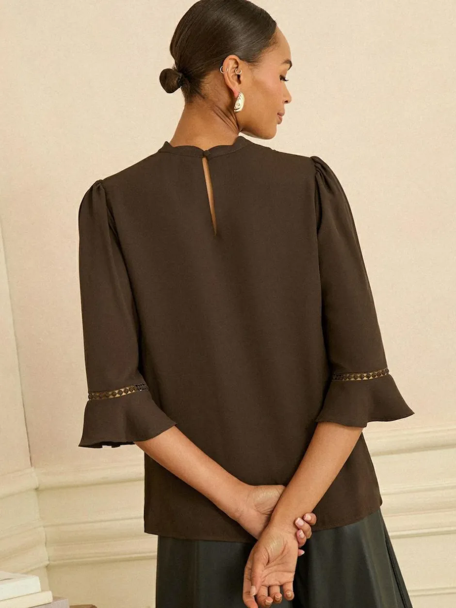 Love & Roses Chocolate Brown 3/4 Flute Sleeve Blouse Online