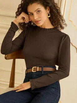 Love & Roses Chocolate Brown Frill Neck Long Sleeve Jersey Top Sale