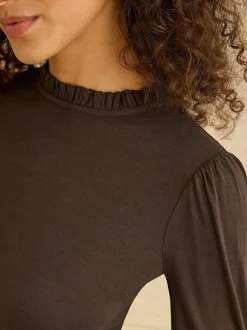 Love & Roses Chocolate Brown Frill Neck Long Sleeve Jersey Top Sale