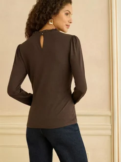 Love & Roses Chocolate Brown Frill Neck Long Sleeve Jersey Top Sale