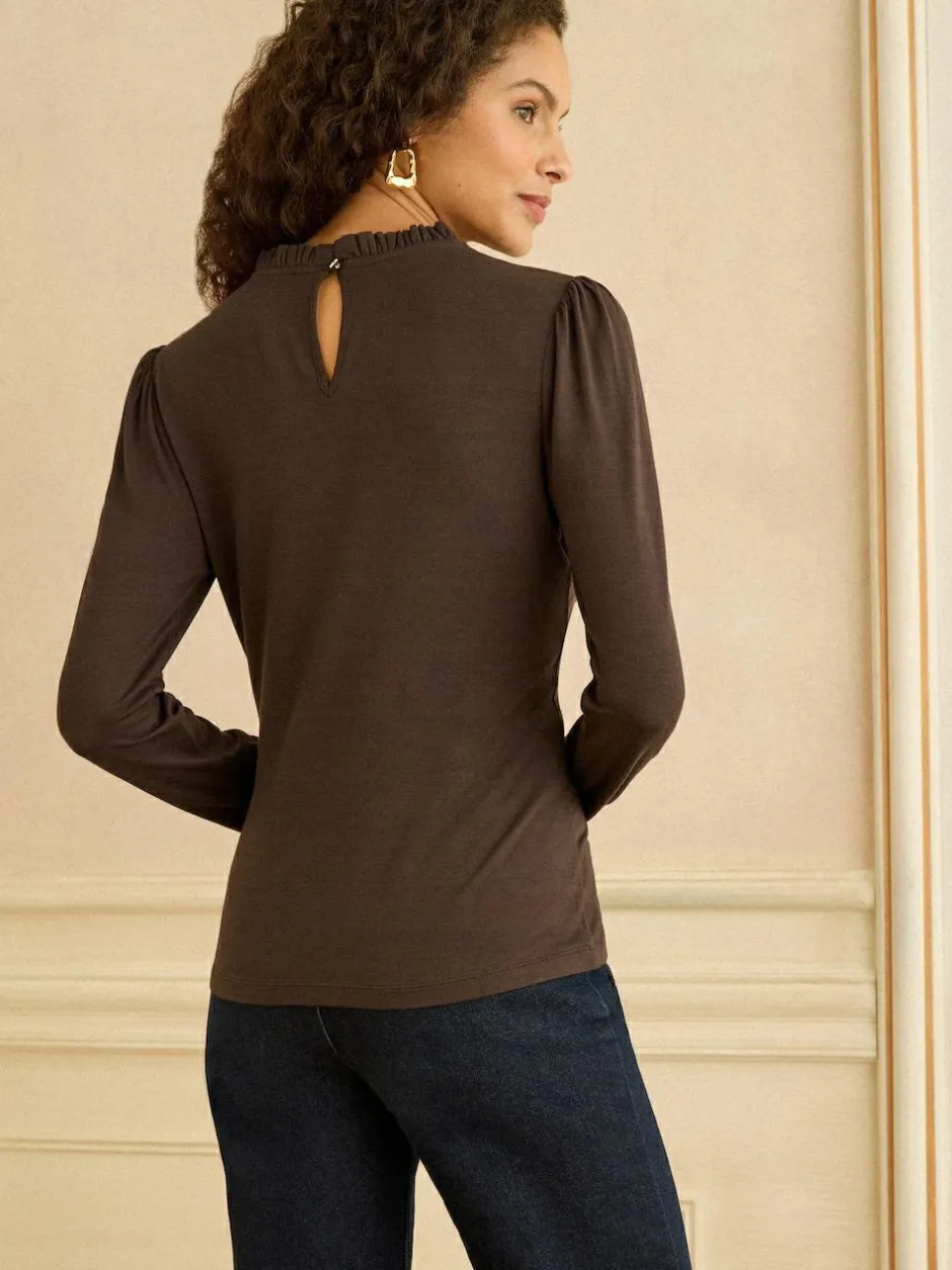 Love & Roses Chocolate Brown Frill Neck Long Sleeve Jersey Top Sale