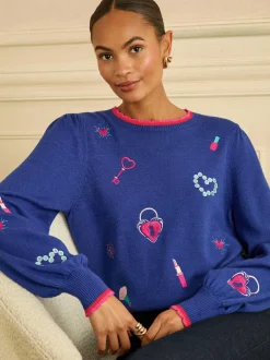 Love & Roses Embroidered Detail Knitted Jumper Cobalt Blue