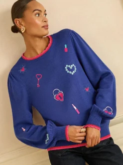 Love & Roses Embroidered Detail Knitted Jumper Cobalt Blue