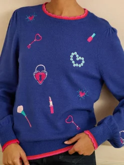Love & Roses Embroidered Detail Knitted Jumper Cobalt Blue