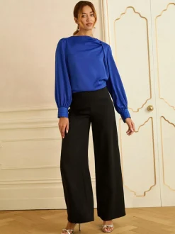 Love & Roses Long Sleeve Satin Cowl Neck Blouse Cobalt Blue