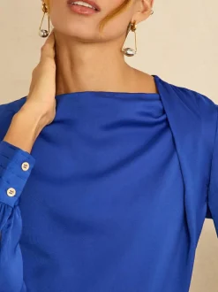 Love & Roses Long Sleeve Satin Cowl Neck Blouse Cobalt Blue