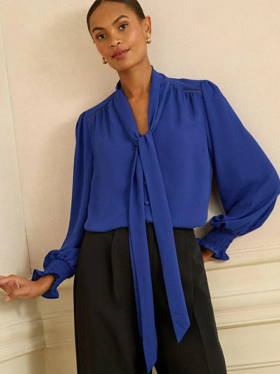 Love & Roses Petite Long Sleeve Pussybow Blouse Cobalt Blue Online