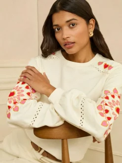 Love & Roses Cream Heart Ric Rac Embroidered Sweat Top Clearance