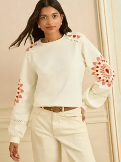 Love & Roses Cream Heart Ric Rac Embroidered Sweat Top Clearance